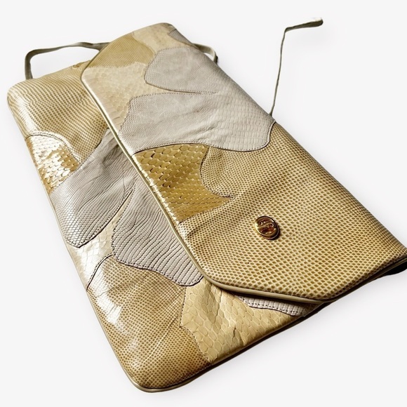 Carlo Fiori Italy Clutch Envelope Bag Genuine Snakeskin & Iguana Patchwork 13x7 - Picture 13 of 14